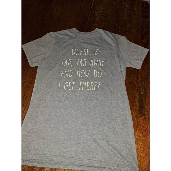 Medium Short Sleeve Blue White Where is Far Far Away Tee Tshirt Top - Picture 1 of 4